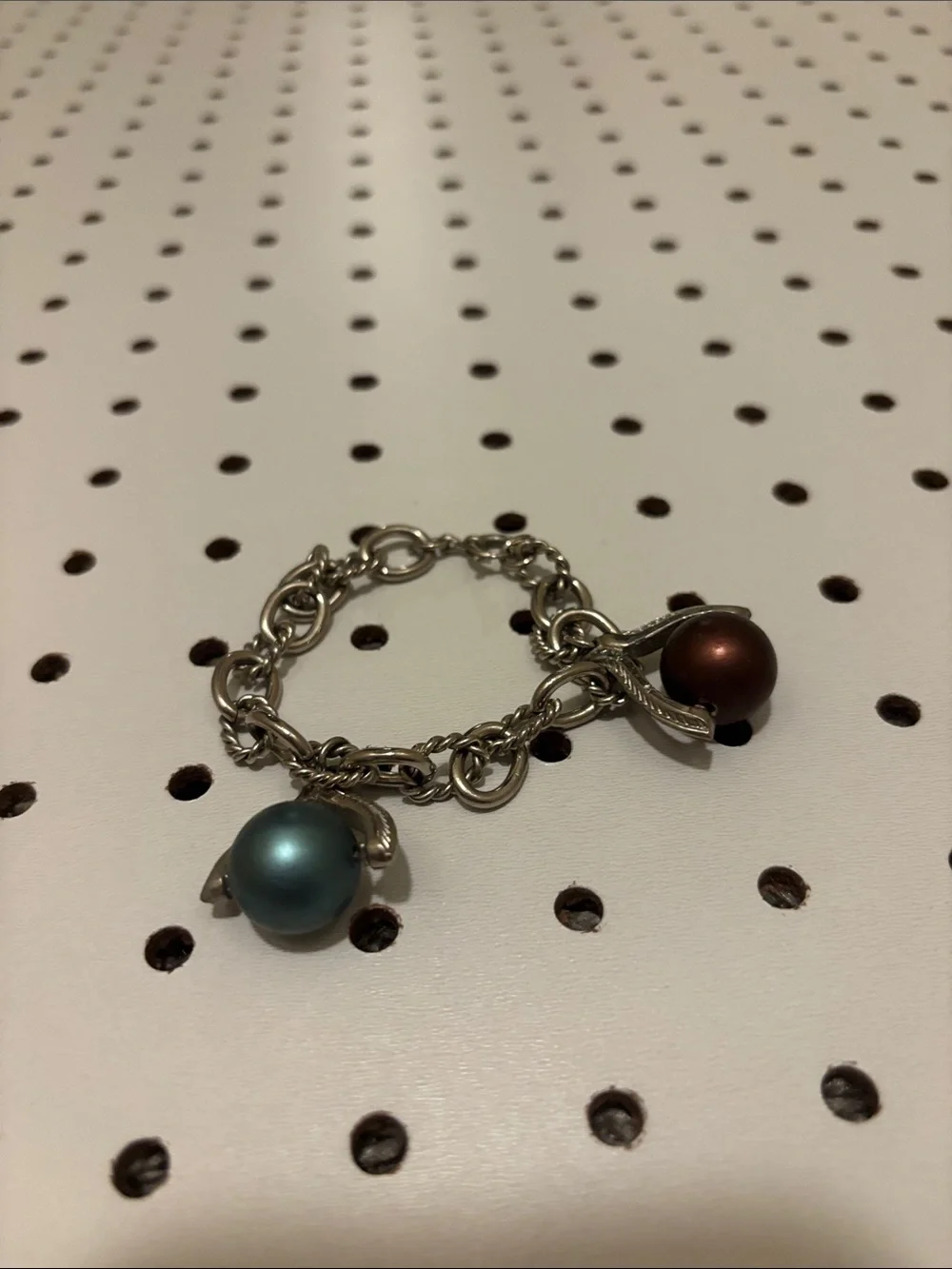 Silver-Tone Kids Charm Bracelet with Blue and Brown Pearlescent Beads